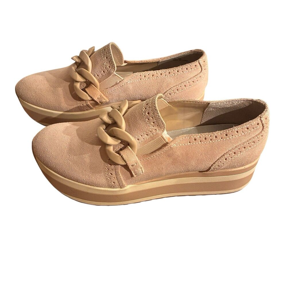 Dolce Vita Slip In Loafer, Tan, Suede Platform Shoe W/ Plastic Chain Size 8